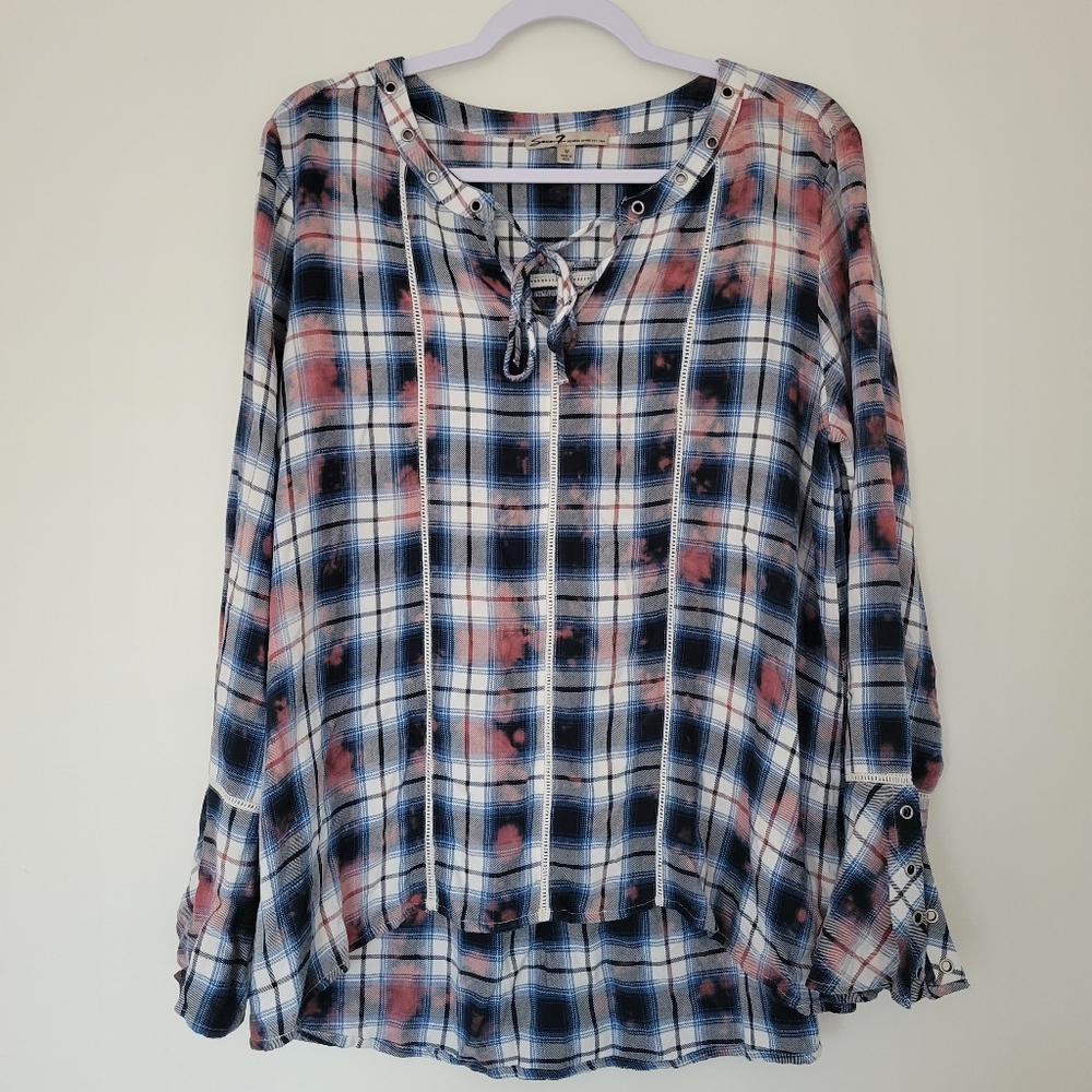 Seven7 Whimsigoth Boho Blue Plaid‎ Bleach Washed Bell Sleeve High-Low Blouse M